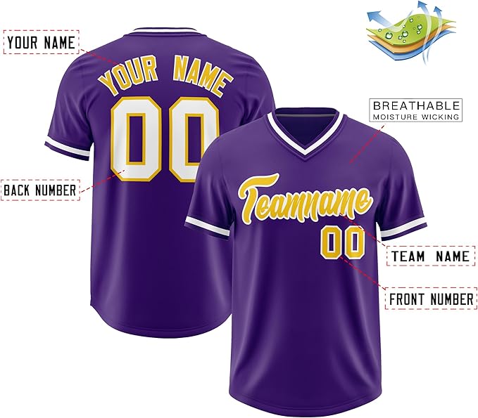 Custom Baseball V-Neck Top Jersey Purple/Yellow-white