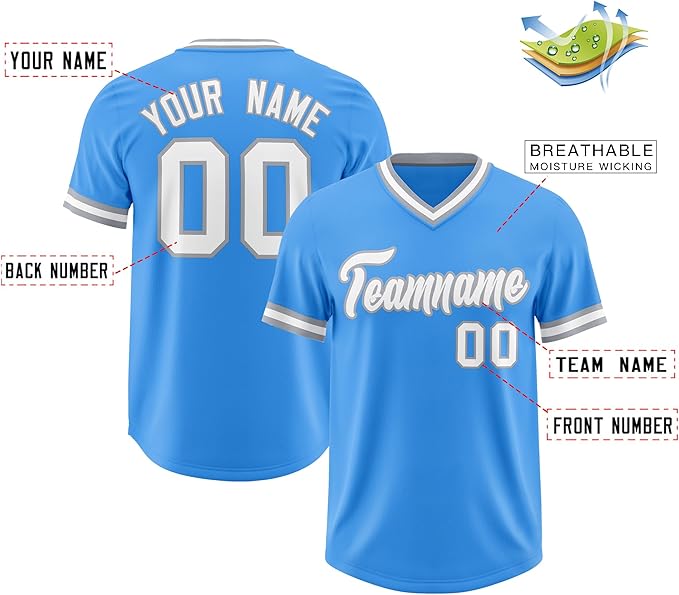 Custom Baseball V-Neck Top Jersey Powder Blue/White