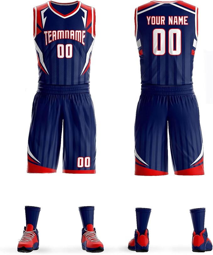Custom Red, Navy, and White Basketball Uniform - Personalized Team Gear