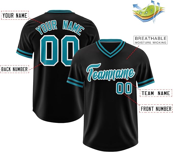 Custom Baseball V-Neck Top Jersey Black/Aqua