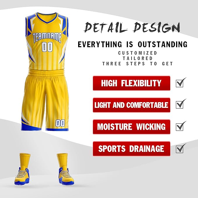 Custom Yelow Royal Blue and White Basketball Uniform - Personalized Team Gear