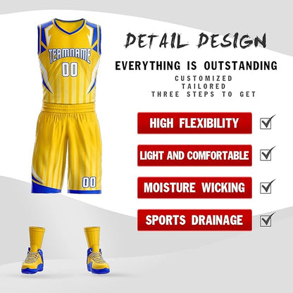 Custom Yelow Royal Blue and White Basketball Uniform - Personalized Team Gear