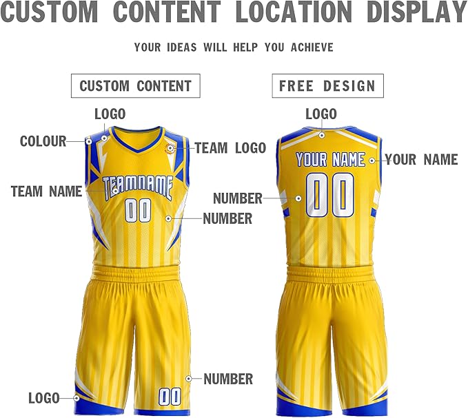 Custom Yelow Royal Blue and White Basketball Uniform - Personalized Team Gear