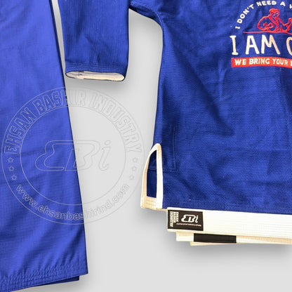 Ehsan Bashir Industry blue cotton Jiu Jitsu uniform with "I AM ONE" graphic on back. Includes white belt.