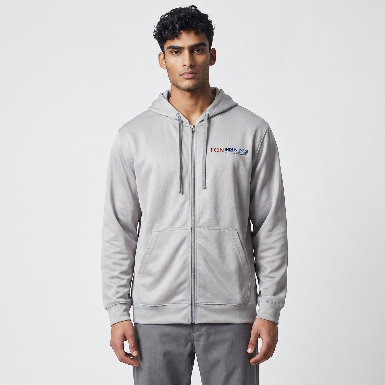 Ehsan Bashir Industry silver full-zip performance hoodie with ECIN INDUSTRIES logo on chest and back print.