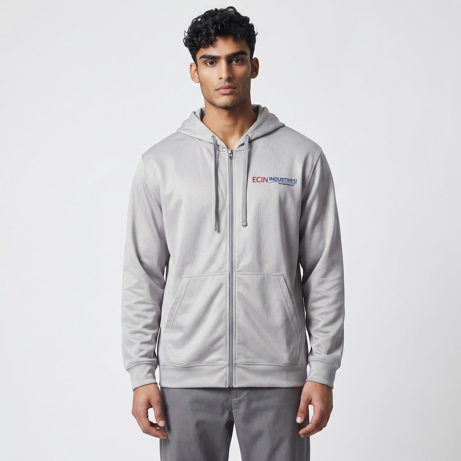 Ehsan Bashir Industry silver full-zip performance hoodie with ECIN INDUSTRIES logo on chest and back print.