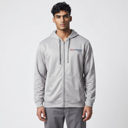 Ehsan Bashir Industry silver full-zip performance hoodie with ECIN INDUSTRIES logo on chest and back print.