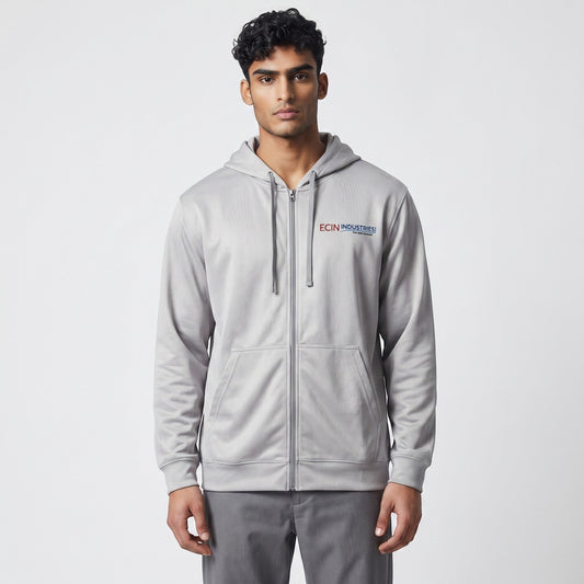 Ehsan Bashir Industry silver full-zip performance hoodie with ECIN INDUSTRIES logo on chest and back print.