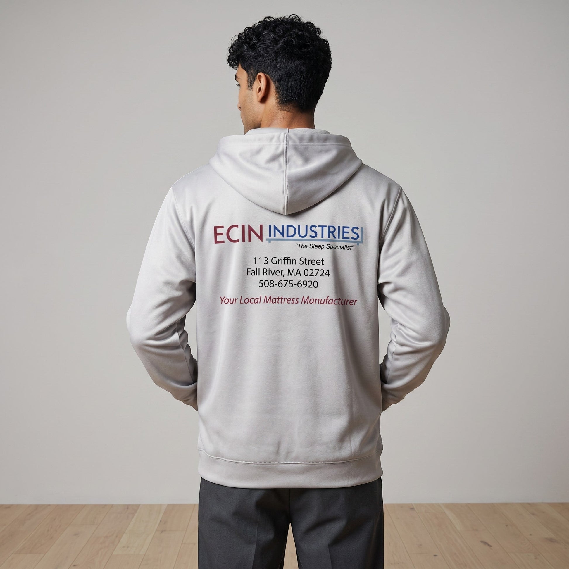 Ehsan Bashir Industry silver full zip performance hoodie with ECIN INDUSTRIES logo and back print.